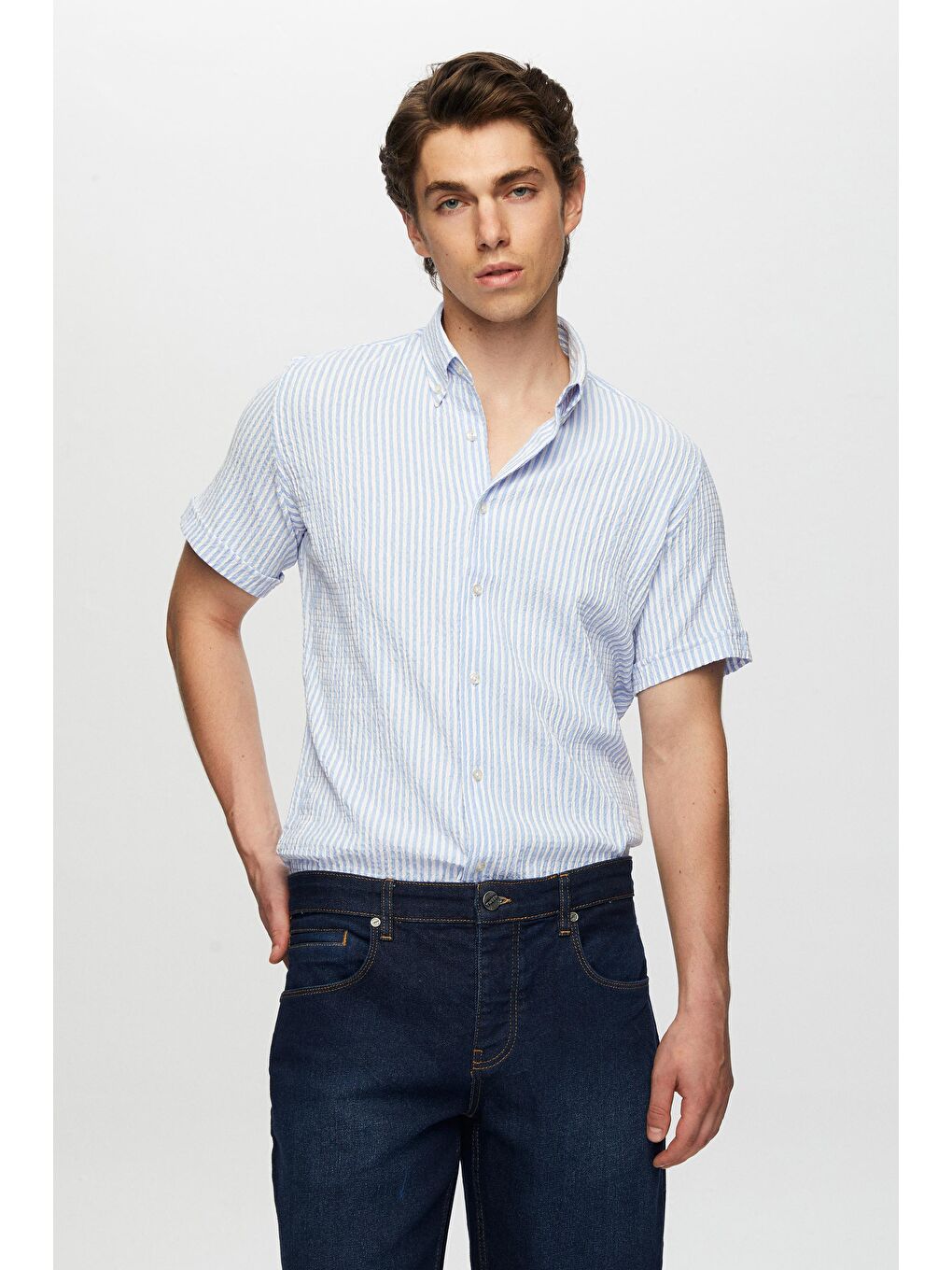 Slim Fit Mavi Gofre Kısa Kollu Gömlek