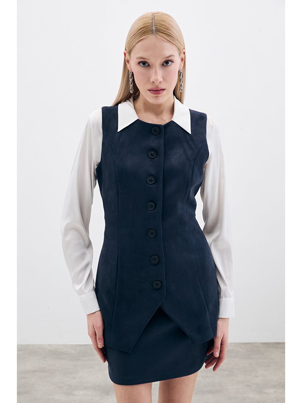 Düğmeli Uzun Süet Yelek - Lacivert-2