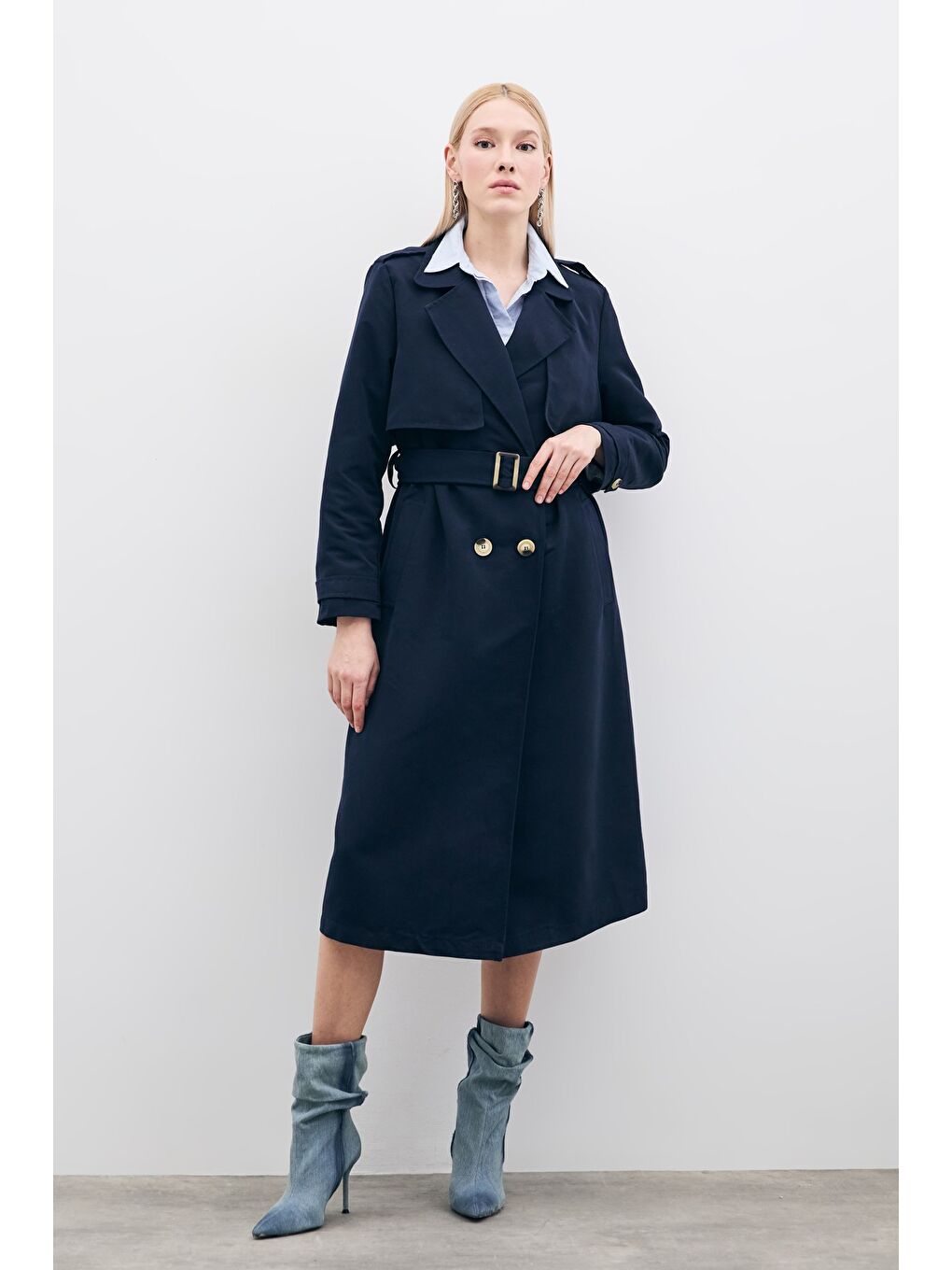 Kemerli Uzun Trençkot - Lacivert-1