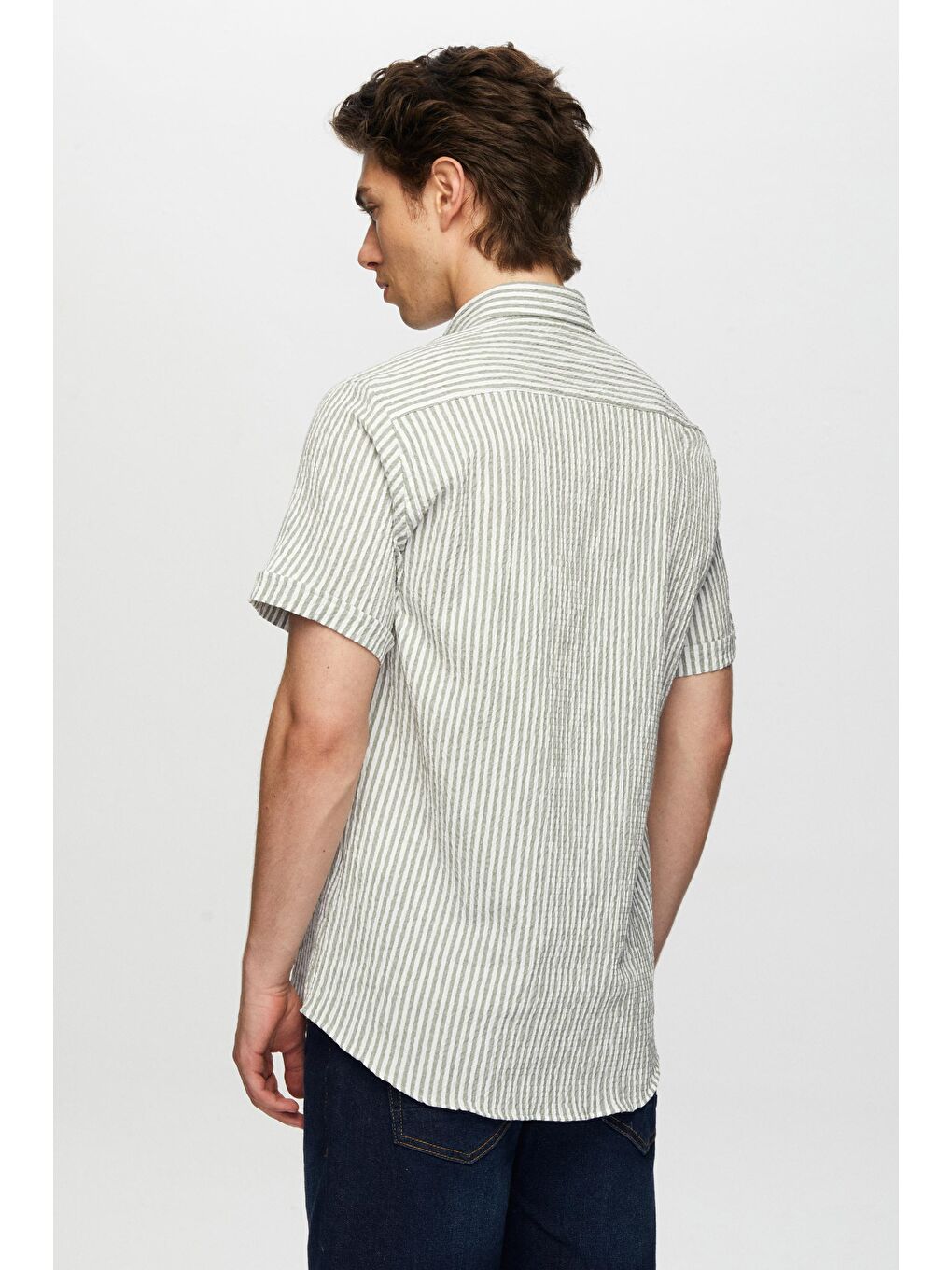Slim Fit Yeşil Gofre Kısa Kollu Gömlek-3