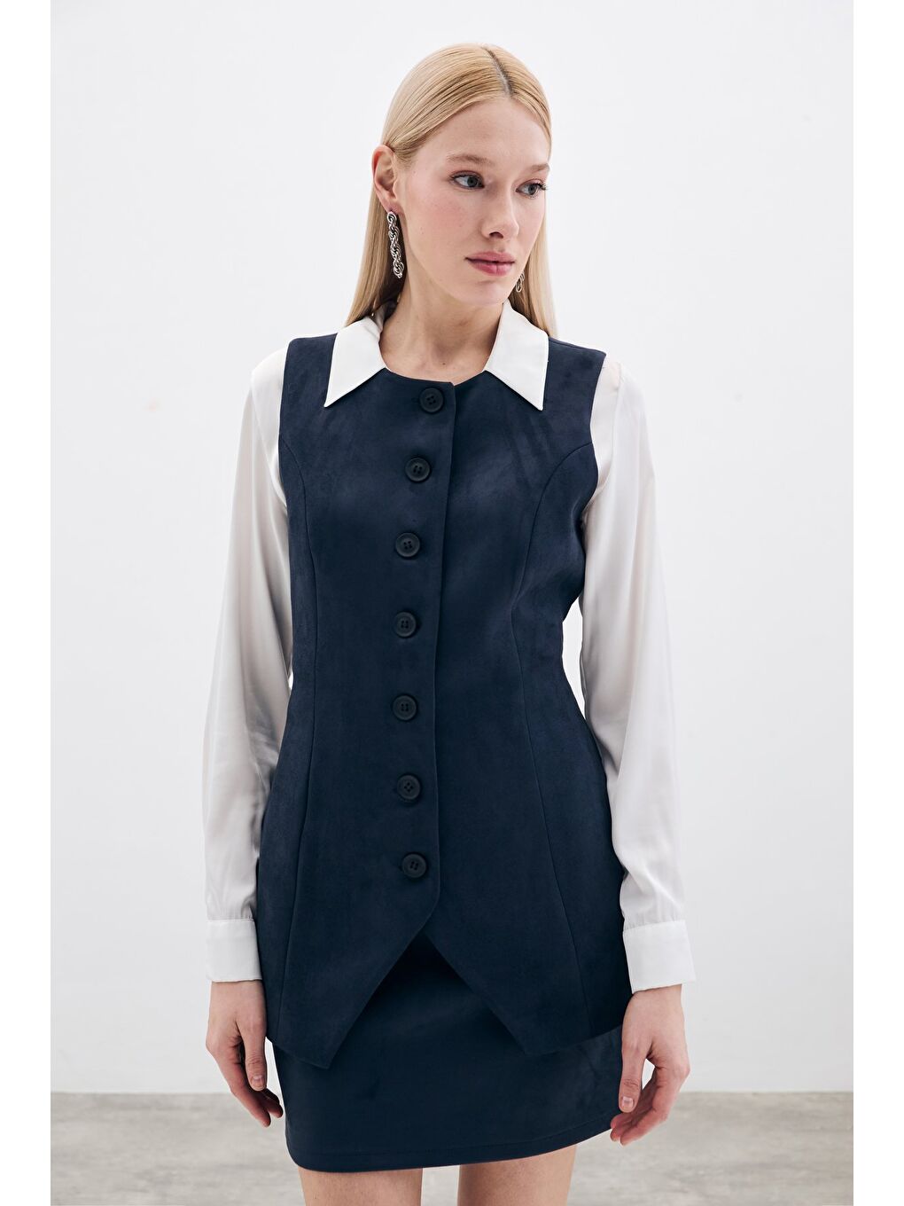 Düğmeli Uzun Süet Yelek - Lacivert-3