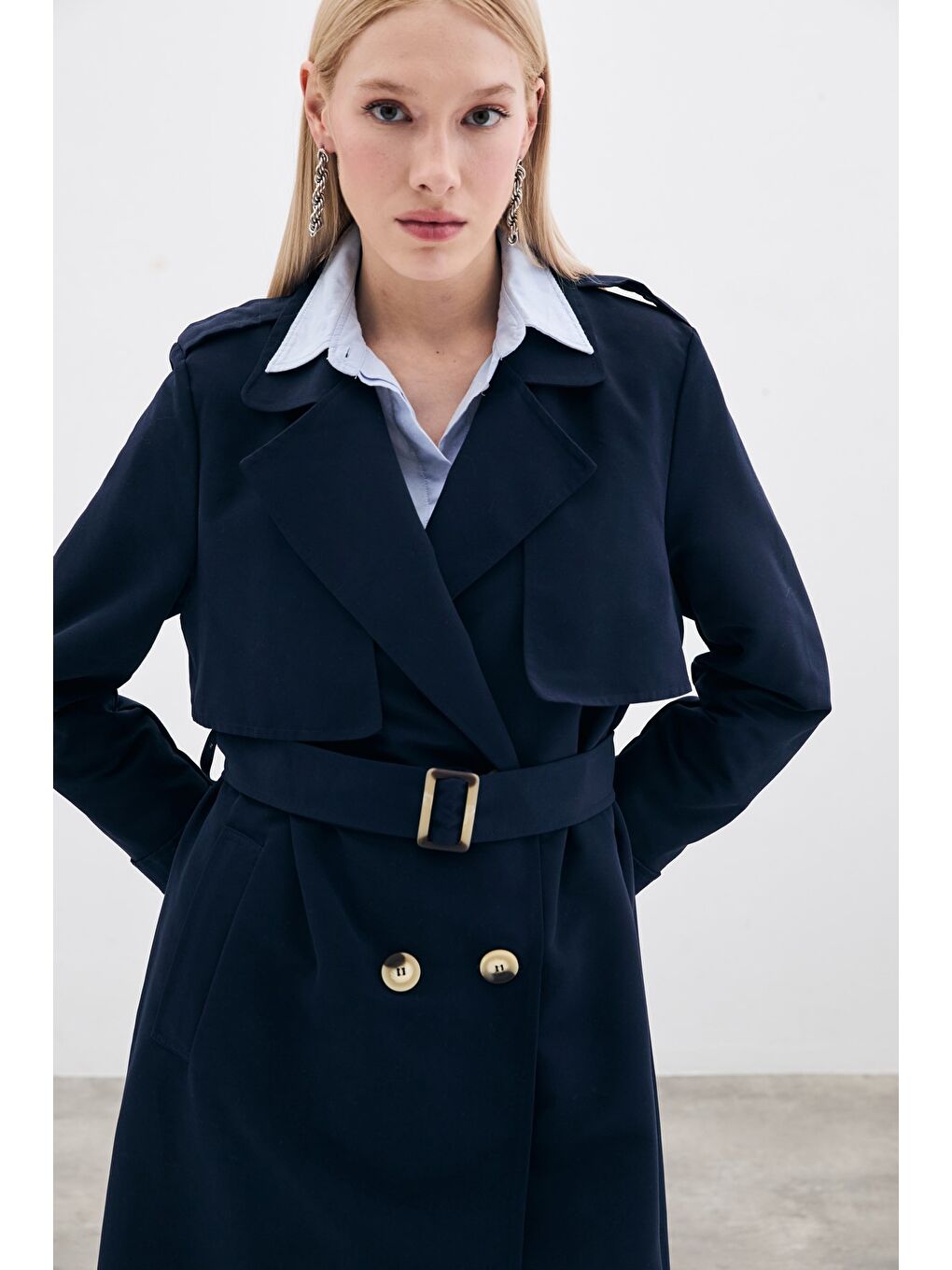 Kemerli Uzun Trençkot - Lacivert-2