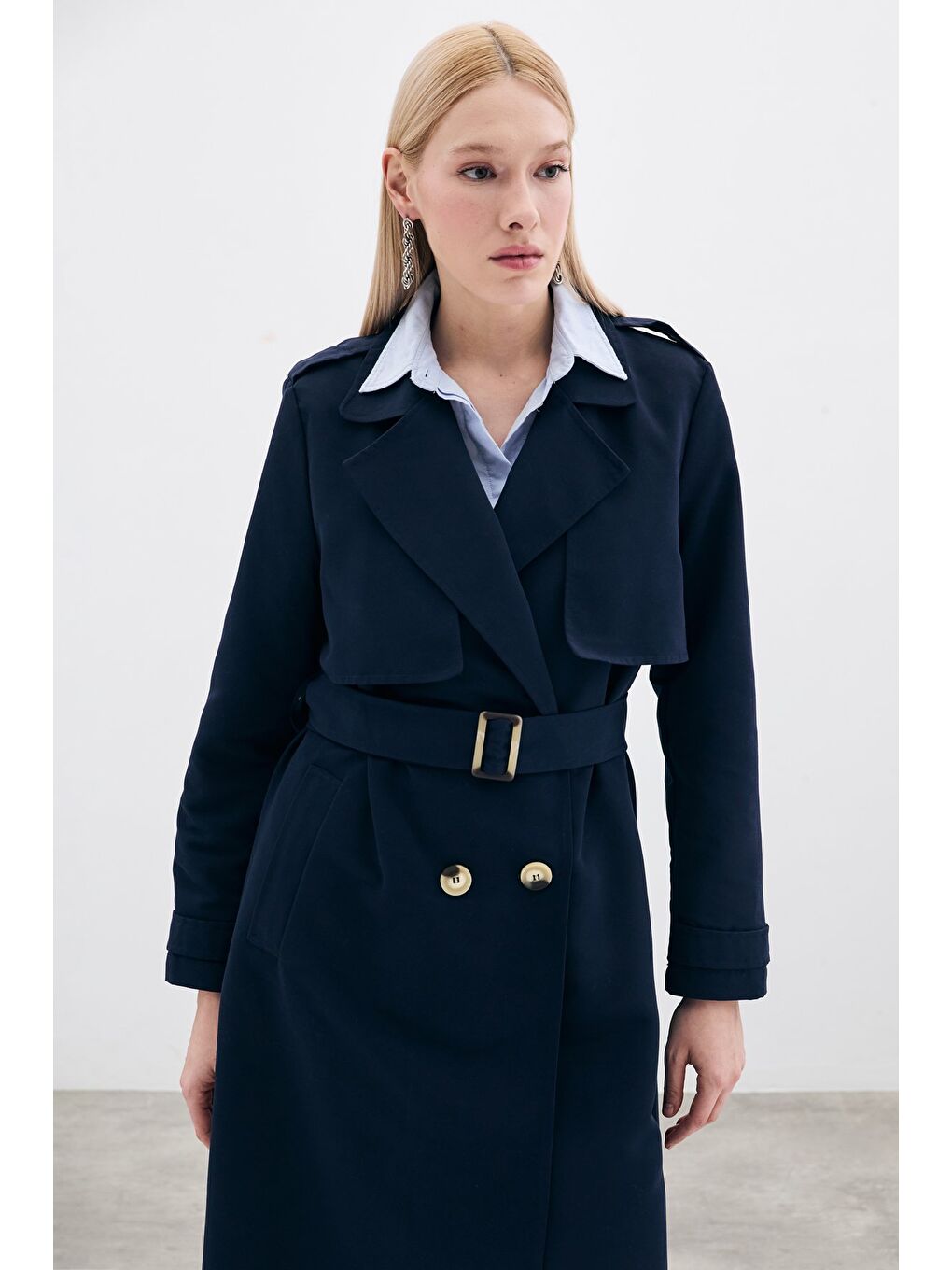 Kemerli Uzun Trençkot - Lacivert-3