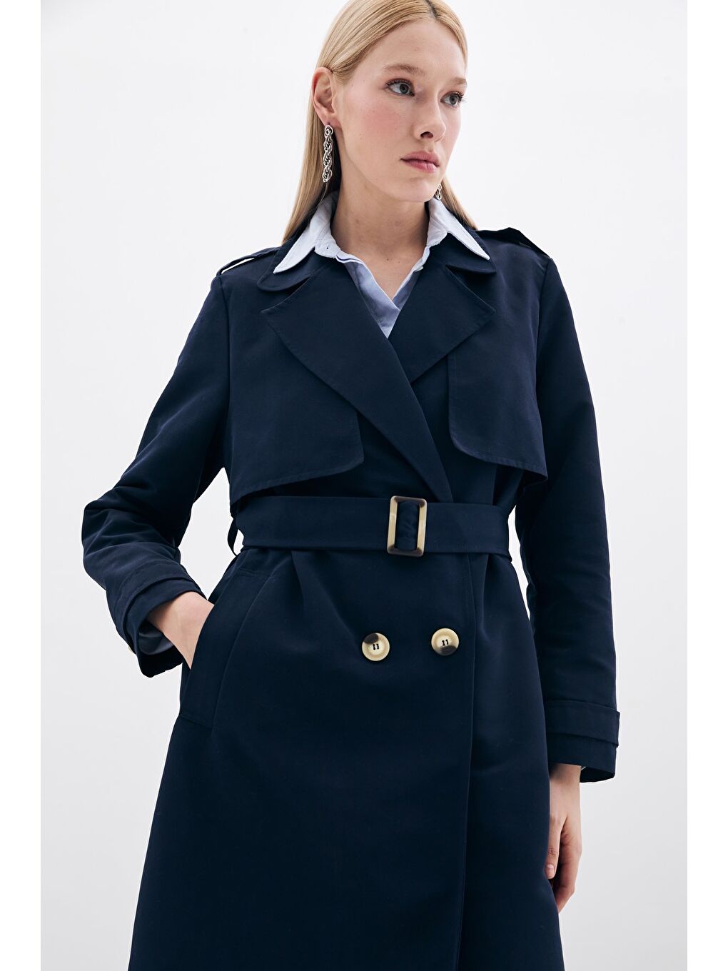 Kemerli Uzun Trençkot - Lacivert-4