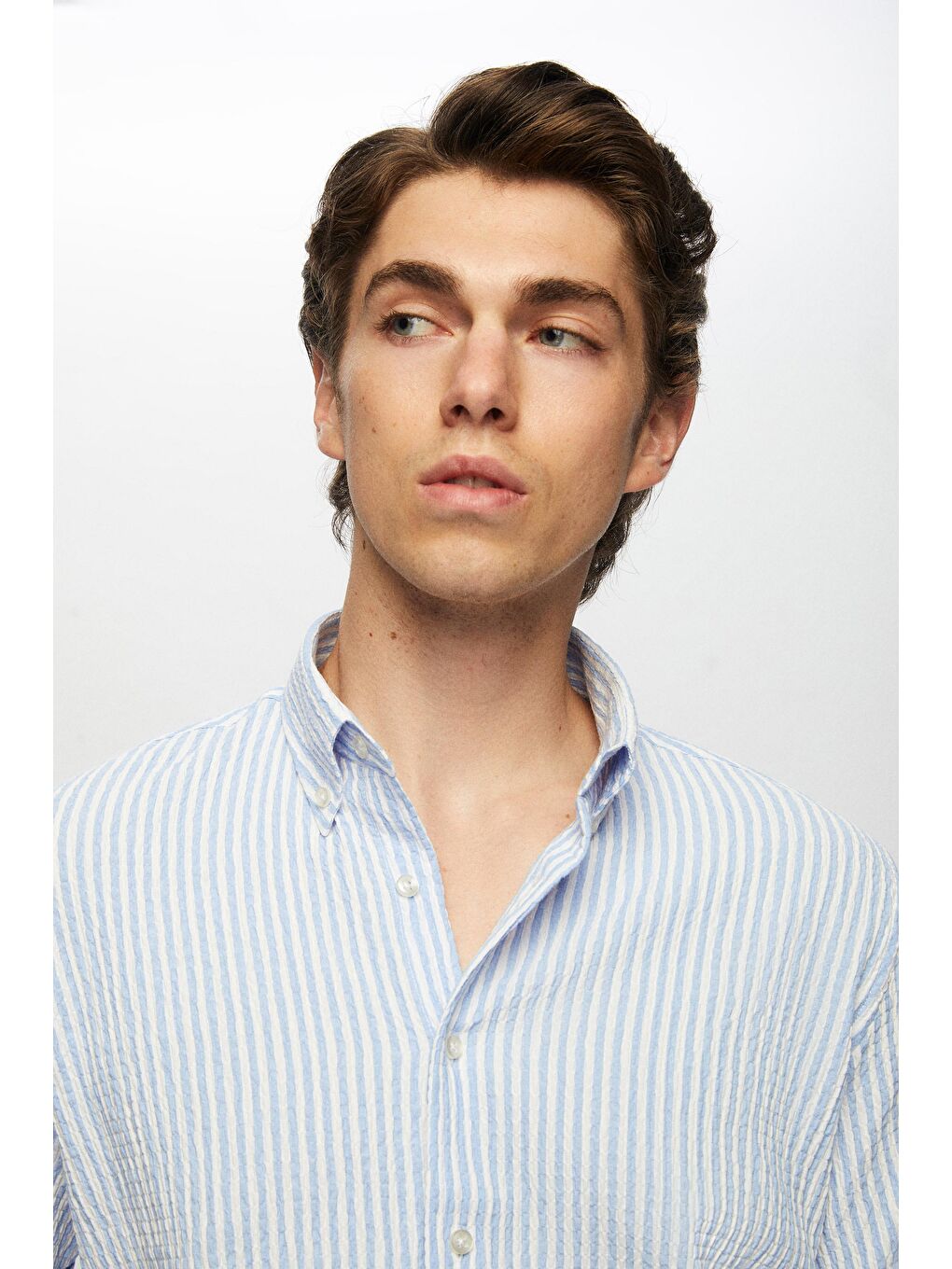 Slim Fit Mavi Gofre Kısa Kollu Gömlek-1