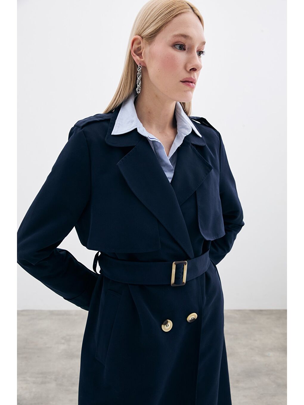 Kemerli Uzun Trençkot - Lacivert-5