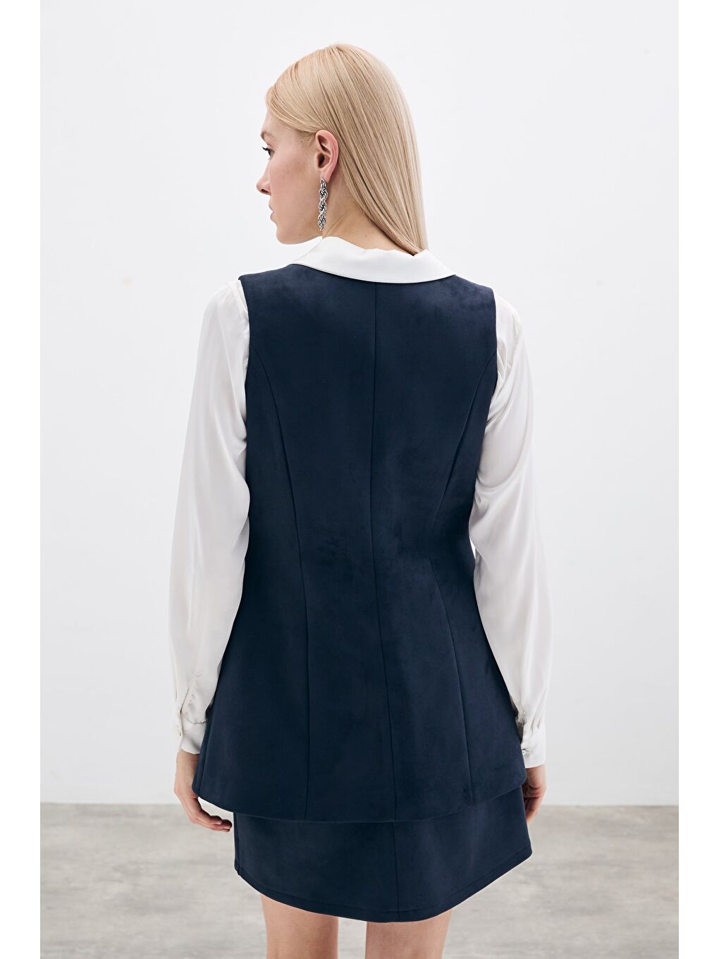 Düğmeli Uzun Süet Yelek - Lacivert-7