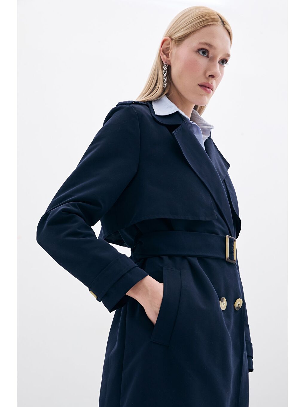 Kemerli Uzun Trençkot - Lacivert-6