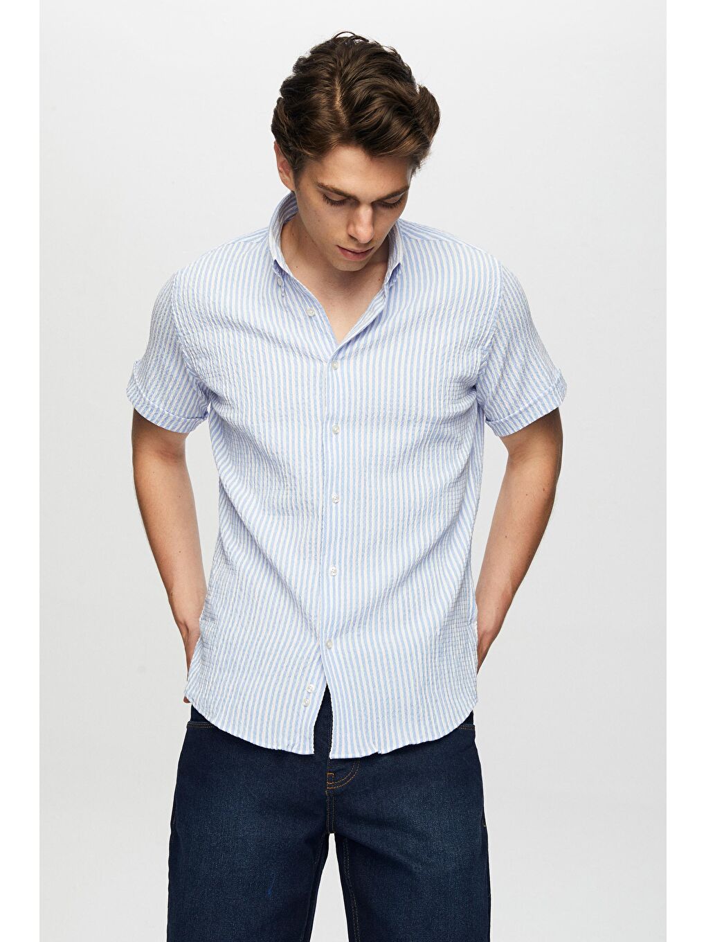 Slim Fit Mavi Gofre Kısa Kollu Gömlek-2