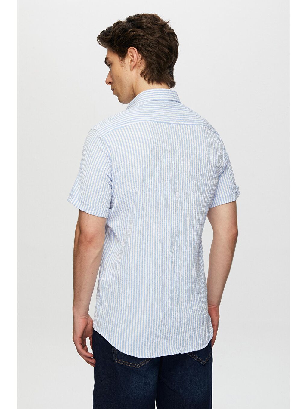 Slim Fit Mavi Gofre Kısa Kollu Gömlek-3