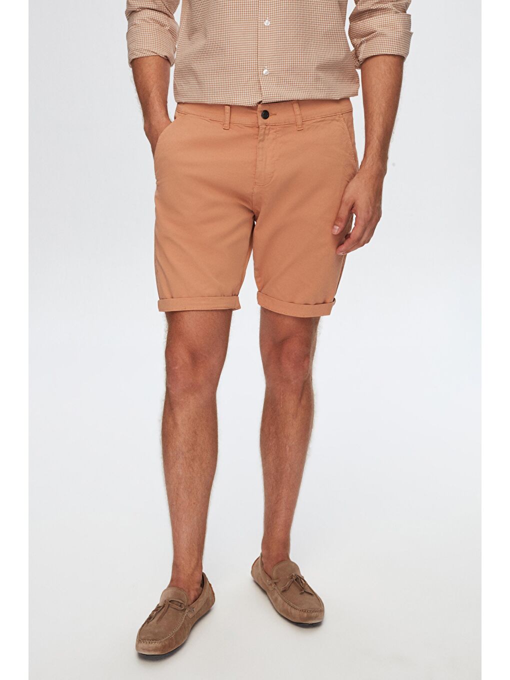 Kahverengi Slim Fit Camel Yandan Cepli Pamuklu Chino Şort