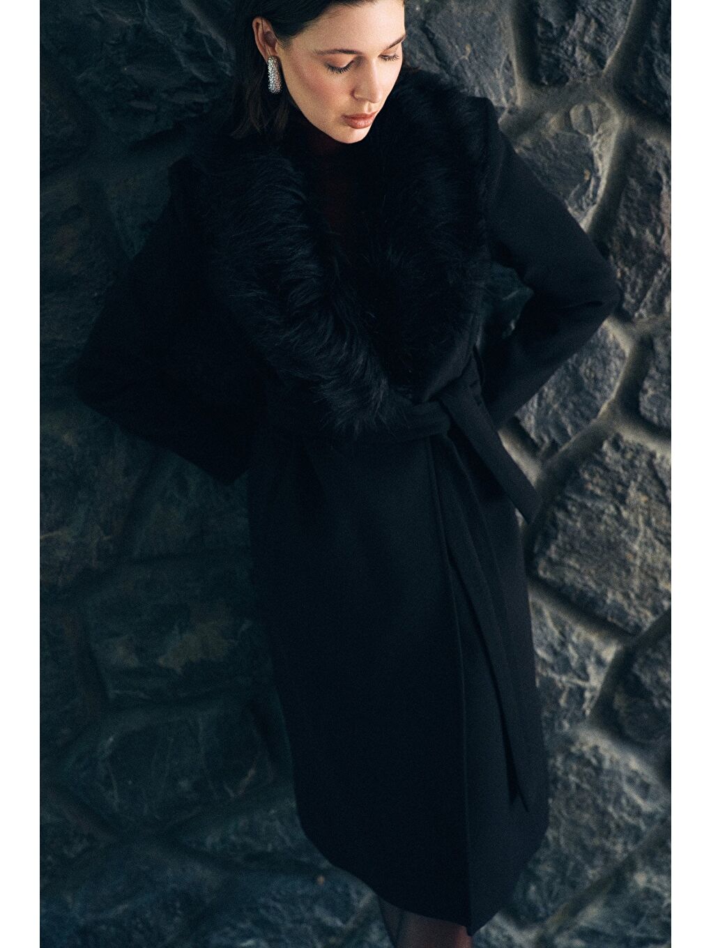 Kürklü Kaşe Kaban - Siyah-2