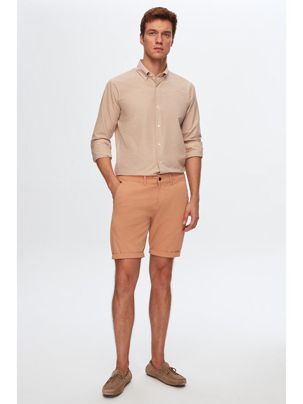 Kahverengi Slim Fit Camel Yandan Cepli Pamuklu Chino Şort-1