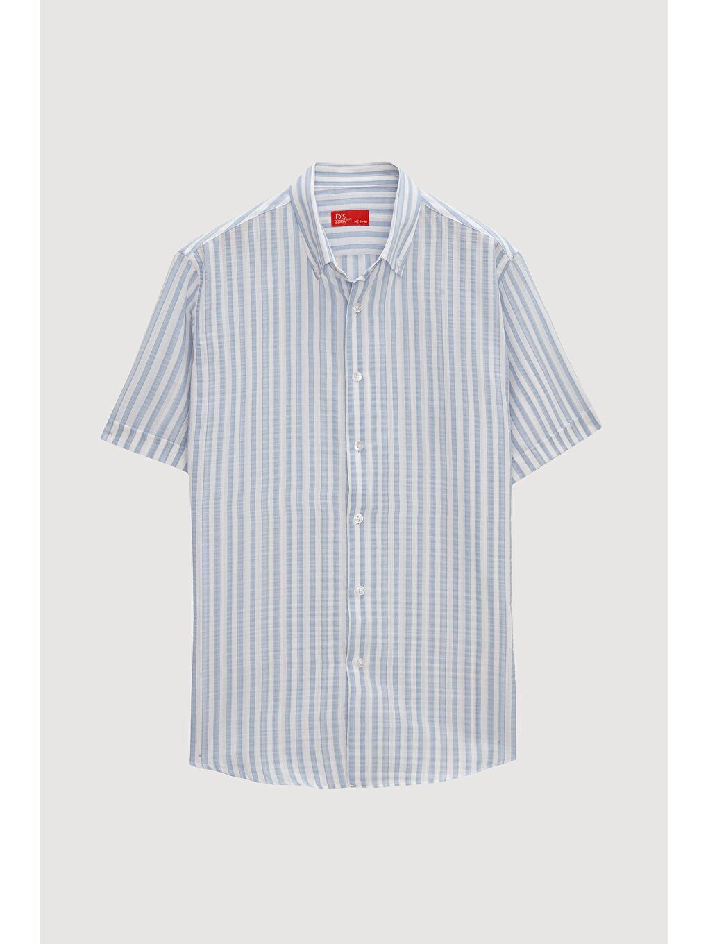 Slim Fit Mavi Gofre Kısa Kollu Gömlek-4