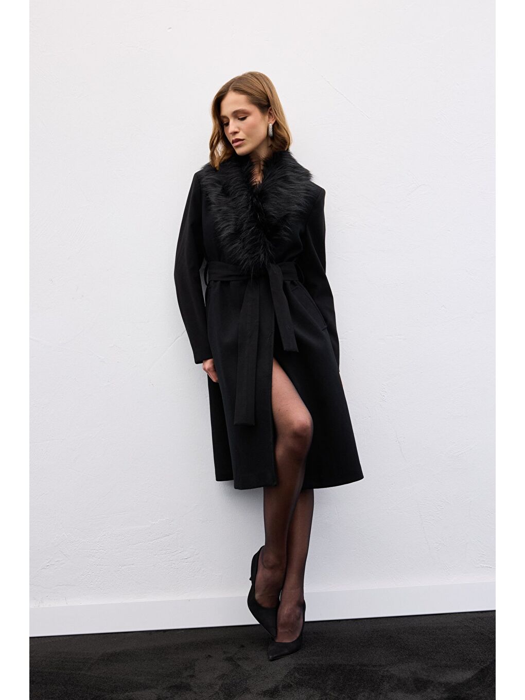 Kürklü Kaşe Kaban - Siyah-5