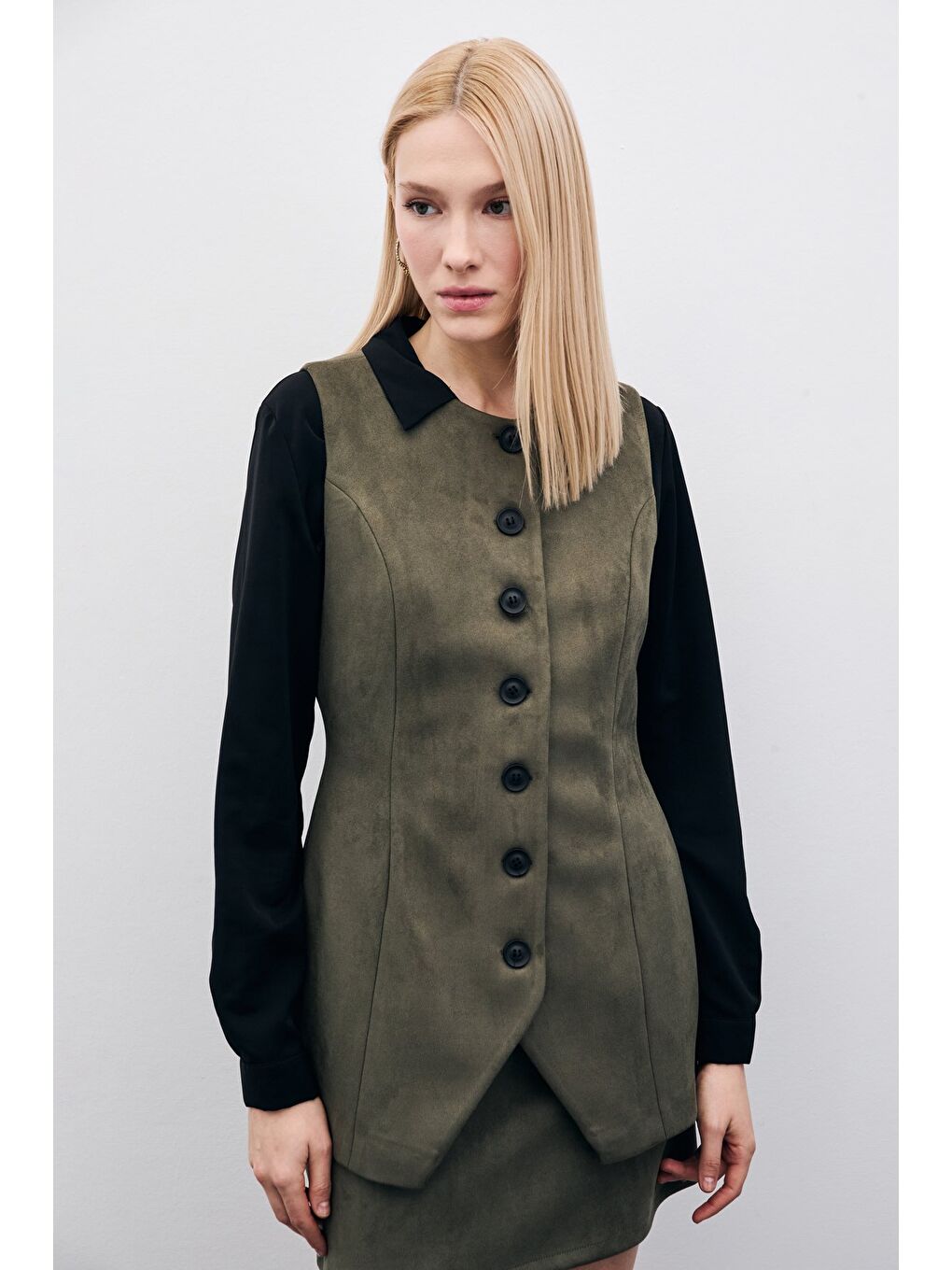 Düğmeli Uzun Süet Yelek - Haki-1