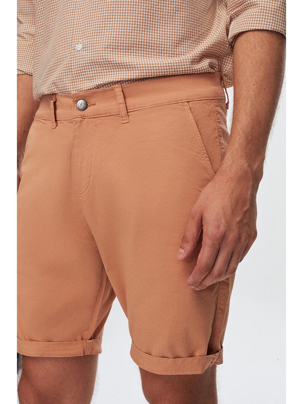 Kahverengi Slim Fit Camel Yandan Cepli Pamuklu Chino Şort-2