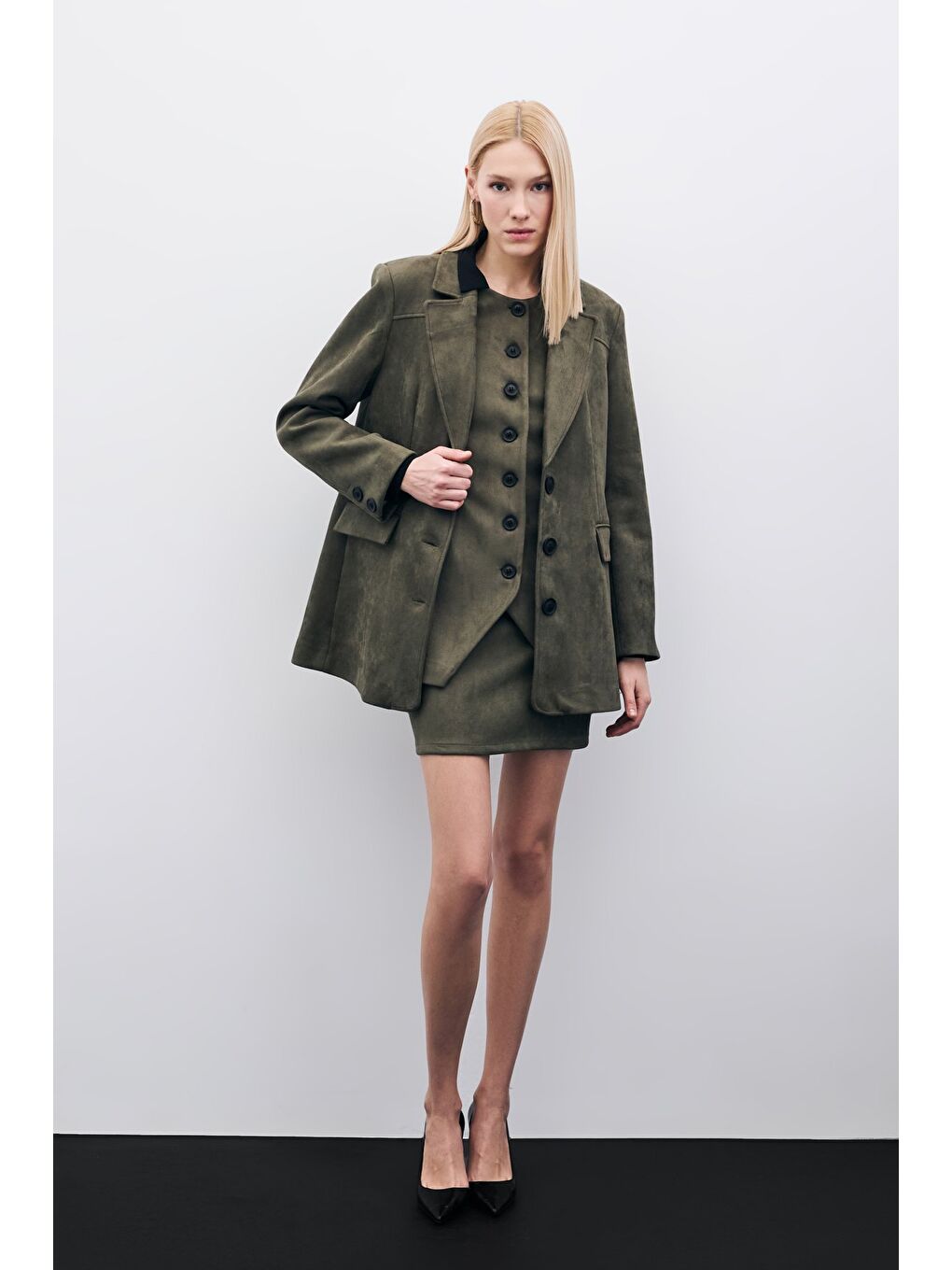 Düğmeli Uzun Süet Yelek - Haki-2