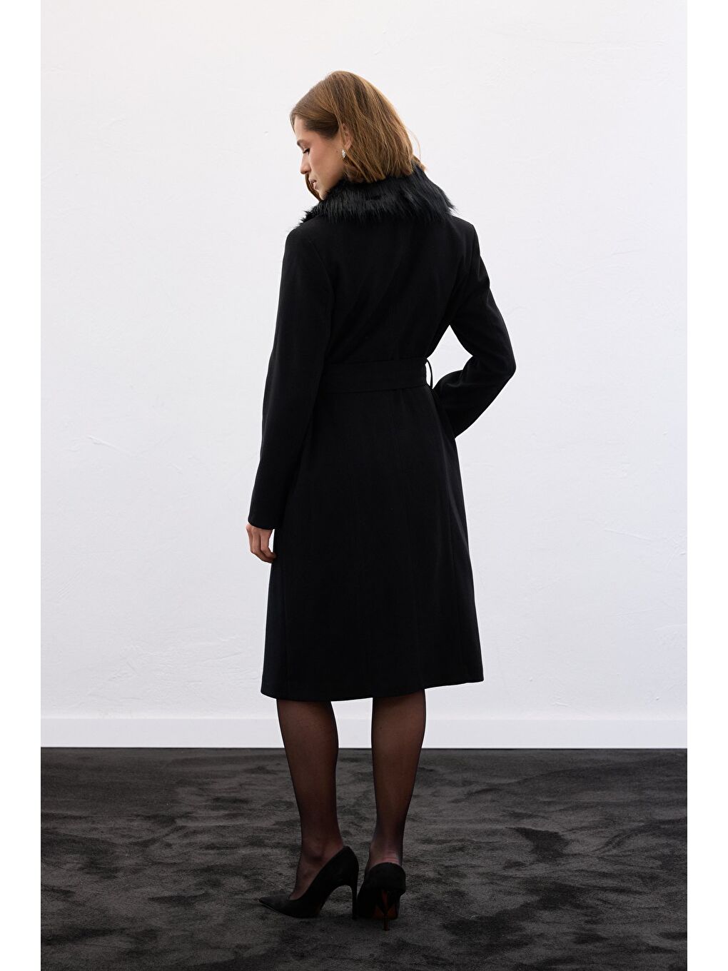 Kürklü Kaşe Kaban - Siyah-7