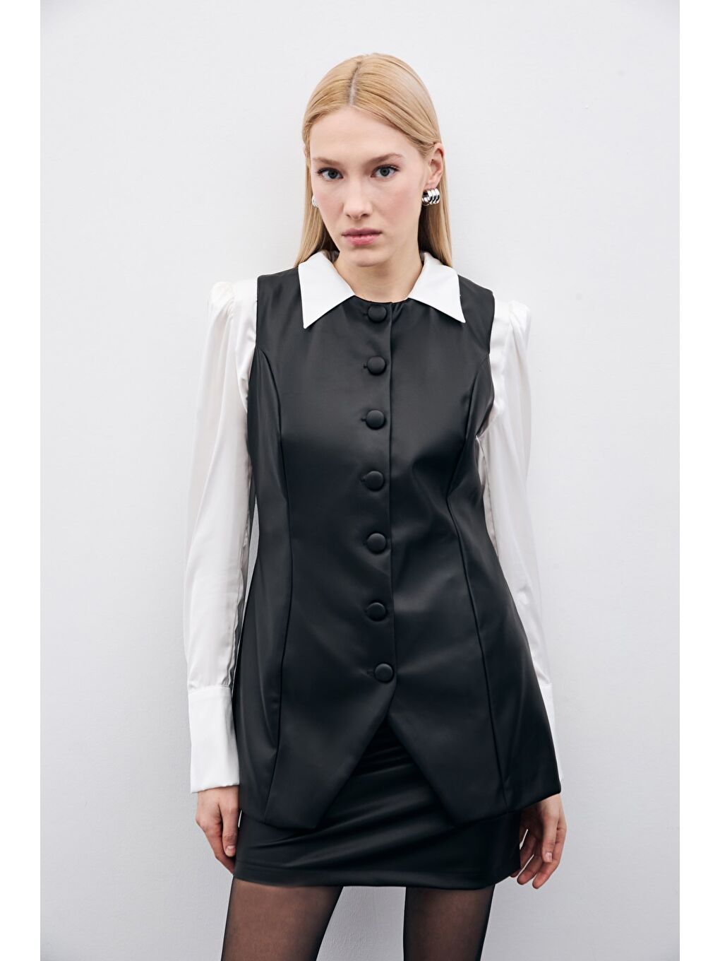 Uzun Deri Yelek - Siyah-1