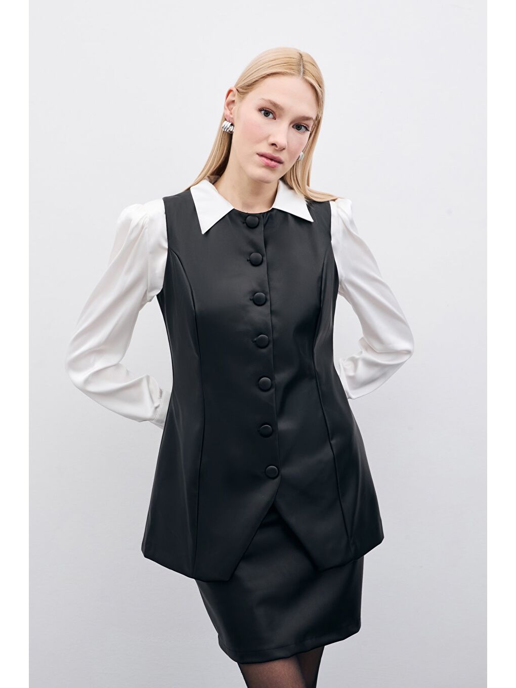 Uzun Deri Yelek - Siyah-3