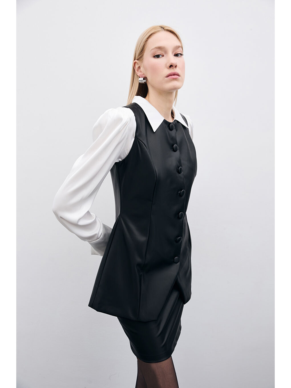 Uzun Deri Yelek - Siyah-4