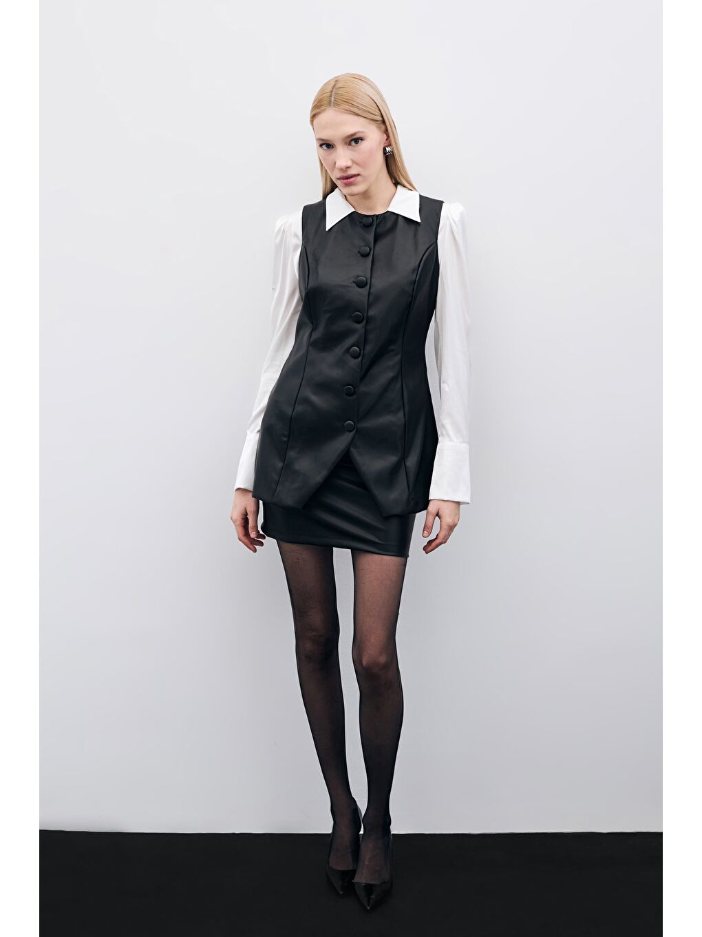 Uzun Deri Yelek - Siyah-5