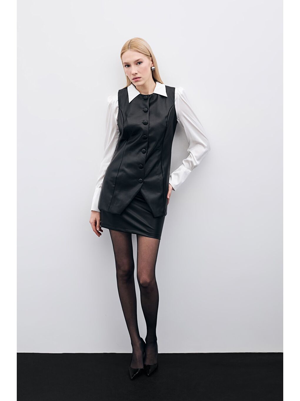 Uzun Deri Yelek - Siyah-6