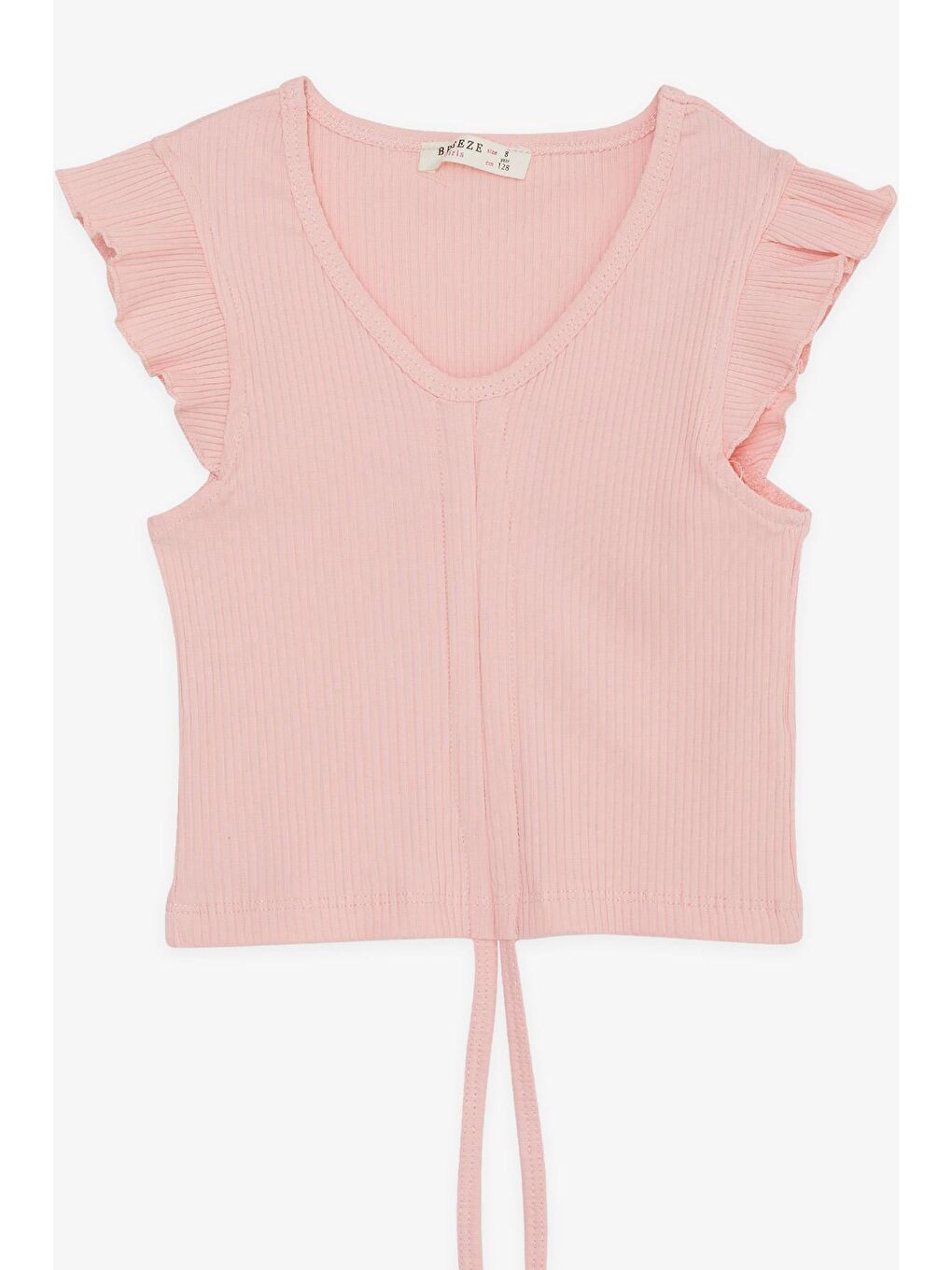 Pembe Kız Çocuk Crop Tişört Bağcıklı Fırfırlı Somon (8-14 Yaş)