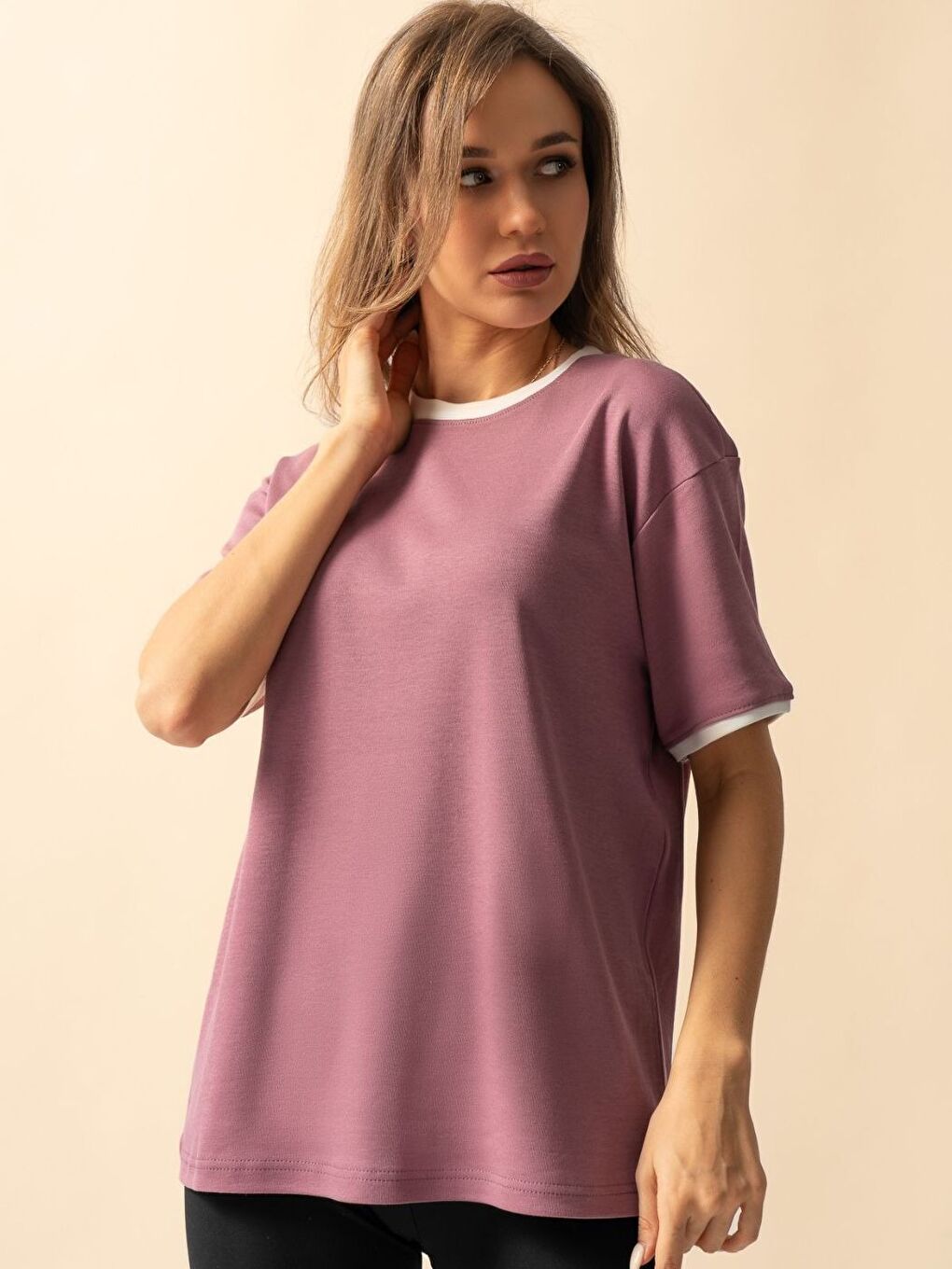 Pembe Kadın Gül Kurusu Penye İnterlok Tişört-2