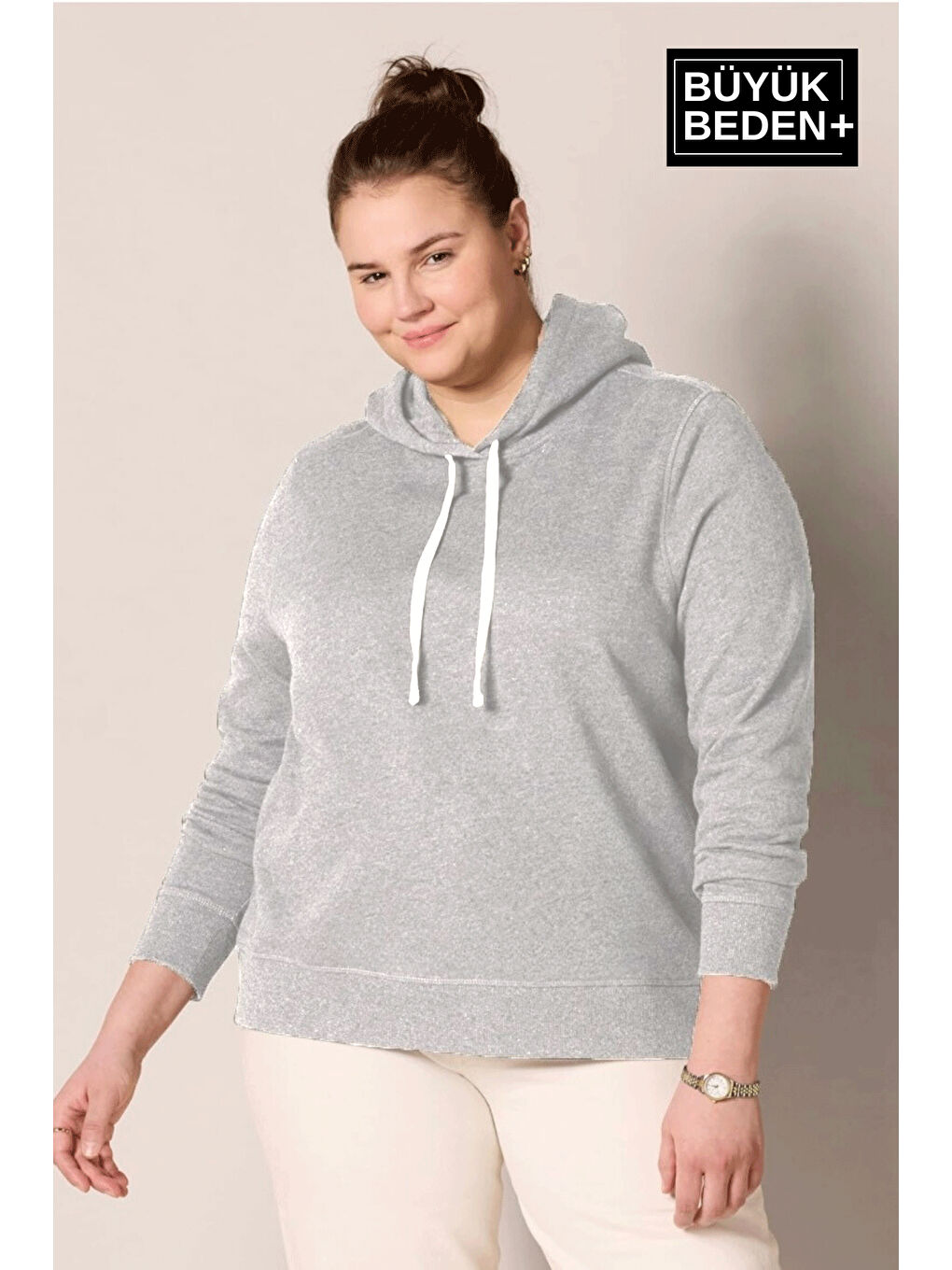 Süperlife Gri Kadın Büyük Beden Kapüşonlu ince Sweatshirt SPR24BSWK57 - 1