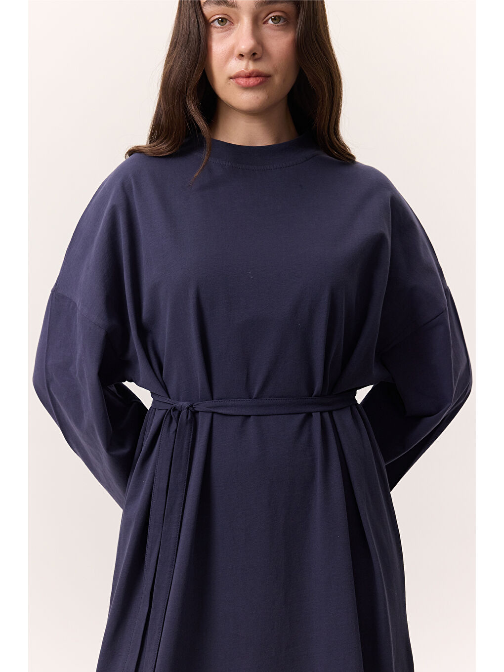 Oversize Uzun Rahat Elbise Lacivert-4
