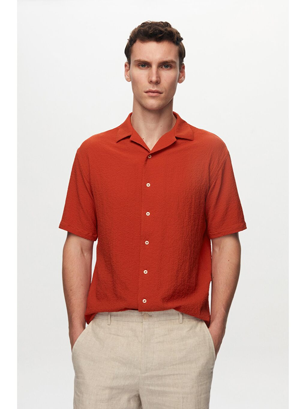 Relaxed Kırmızı Gofre Kısa Kollu Kırışmaz Gömlek-1