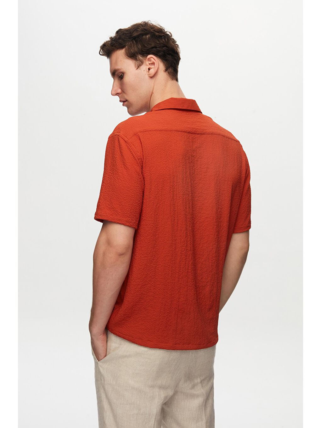 Relaxed Kırmızı Gofre Kısa Kollu Kırışmaz Gömlek-3