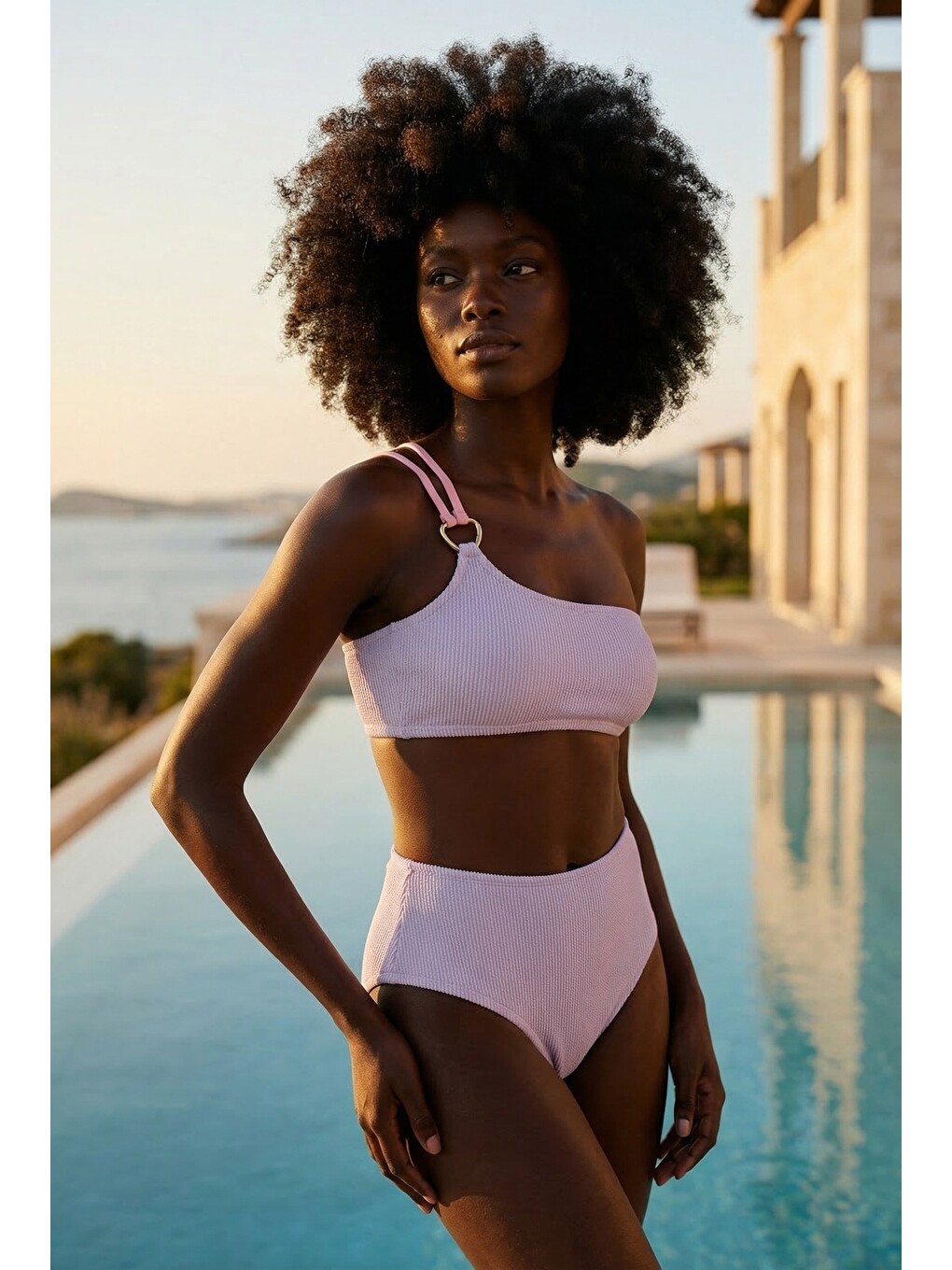 Kadın Kalp Aksesuarlı Tek Omuz Bikini Takımı Lila