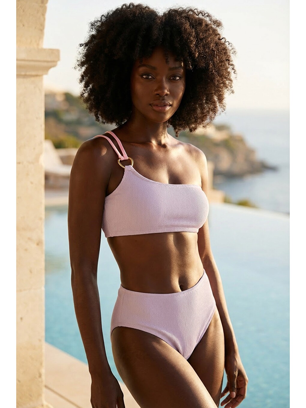 Kadın Kalp Aksesuarlı Tek Omuz Bikini Takımı Lila-1