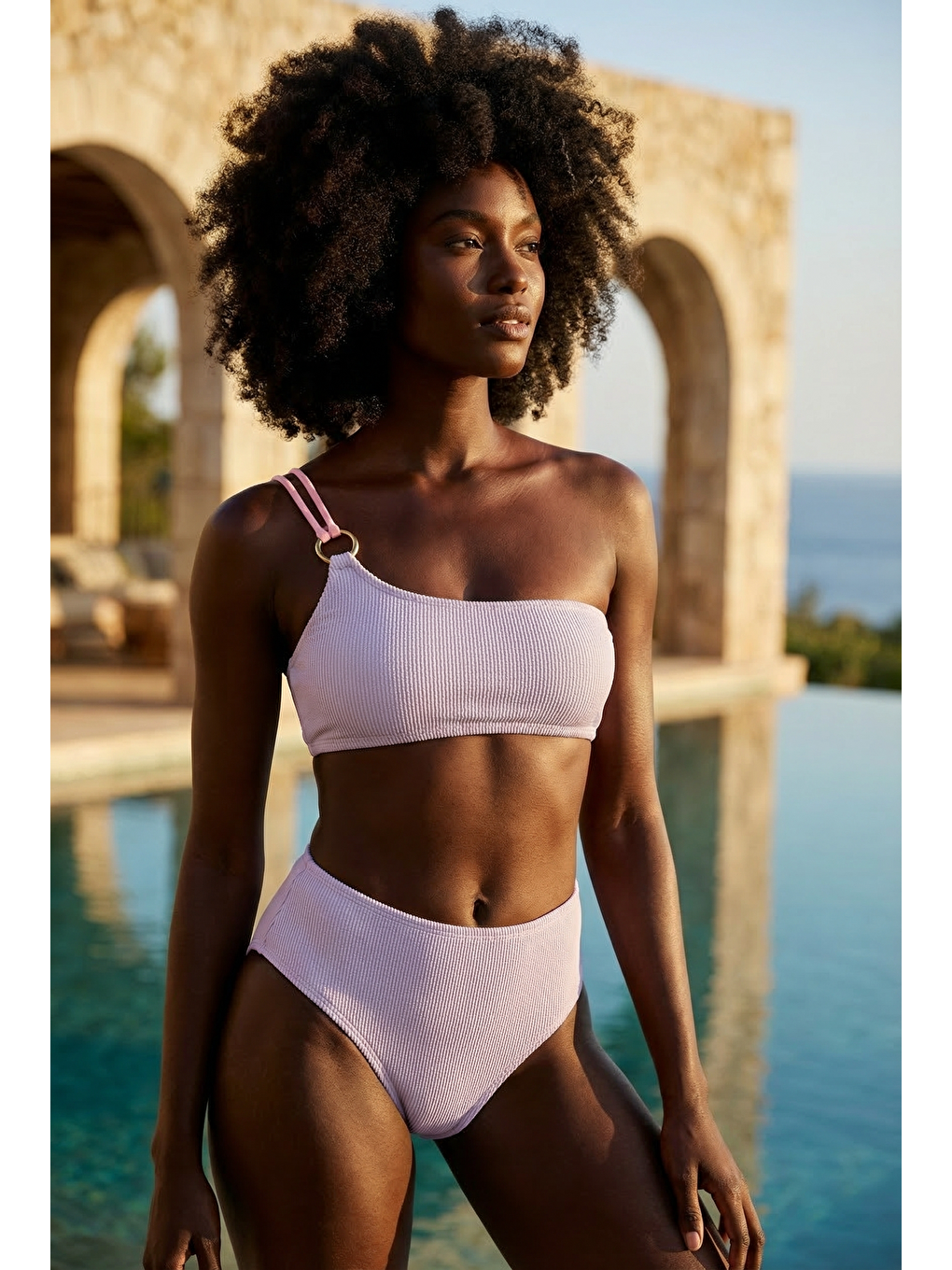 Kadın Kalp Aksesuarlı Tek Omuz Bikini Takımı Lila-2
