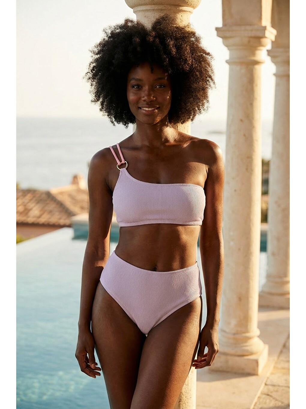 Kadın Kalp Aksesuarlı Tek Omuz Bikini Takımı Lila-3