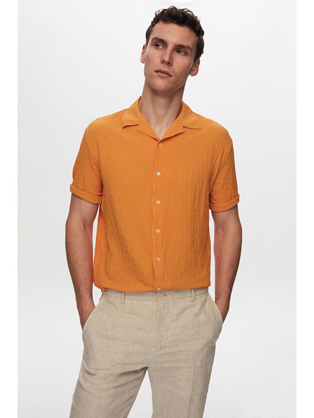 Relaxed Turuncu Gofre Kısa Kollu Kırışmaz Gömlek-1