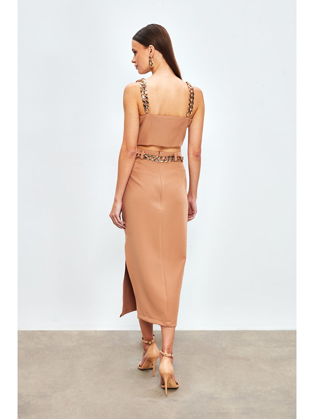 Kahverengi Zincir Kemerli Kalem Etek - Camel-6
