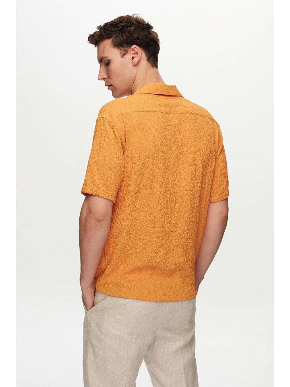 Relaxed Turuncu Gofre Kısa Kollu Kırışmaz Gömlek-3