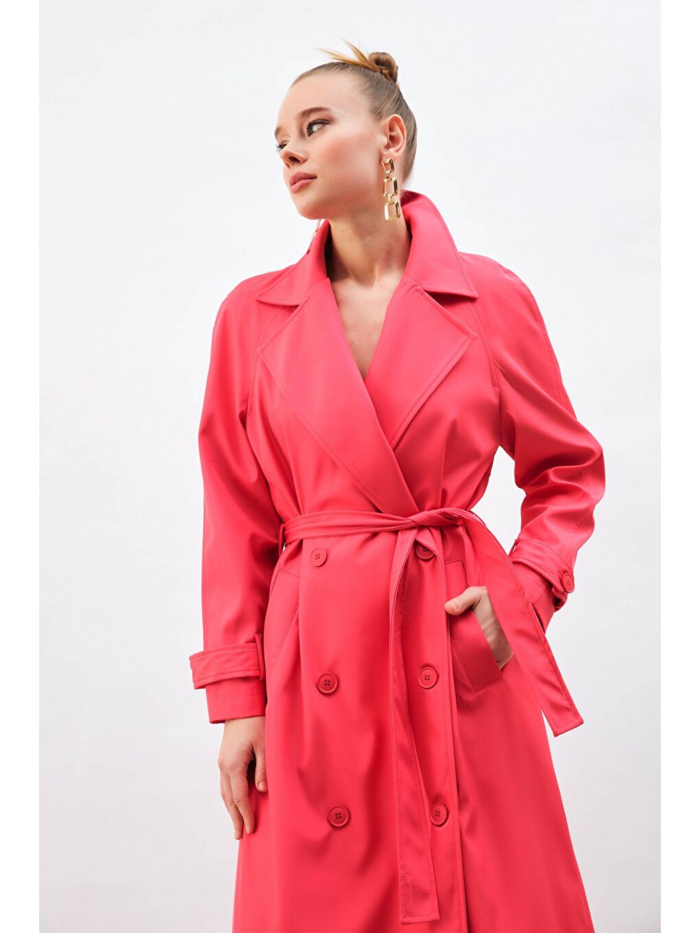 SATEEN Kuşaklı Uzun Trenç - Fuşya - 3