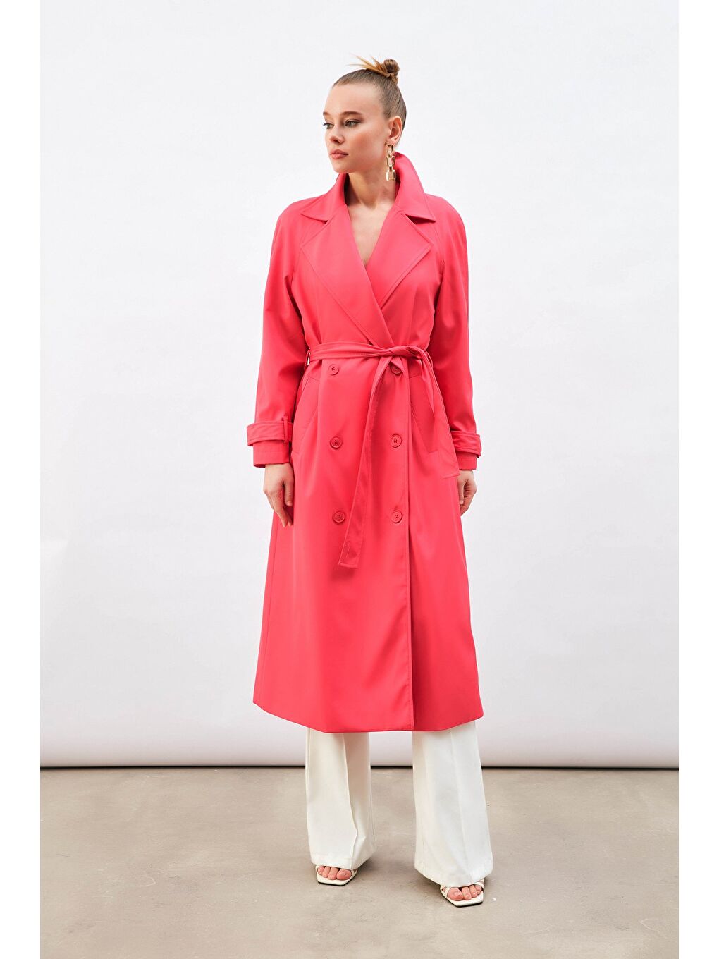 SATEEN Kuşaklı Uzun Trenç - Fuşya - 4