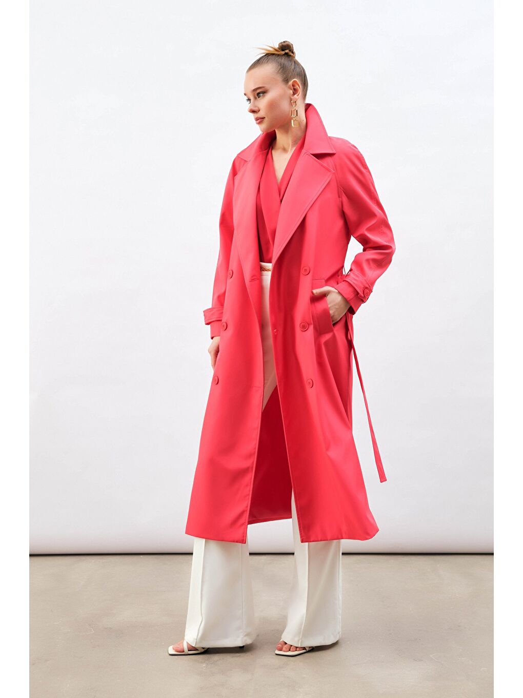 SATEEN Kuşaklı Uzun Trenç - Fuşya - 5