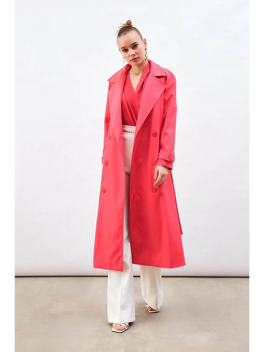 SATEEN Kuşaklı Uzun Trenç - Fuşya - 6