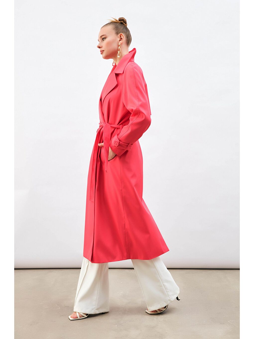 SATEEN Kuşaklı Uzun Trenç - Fuşya - 8