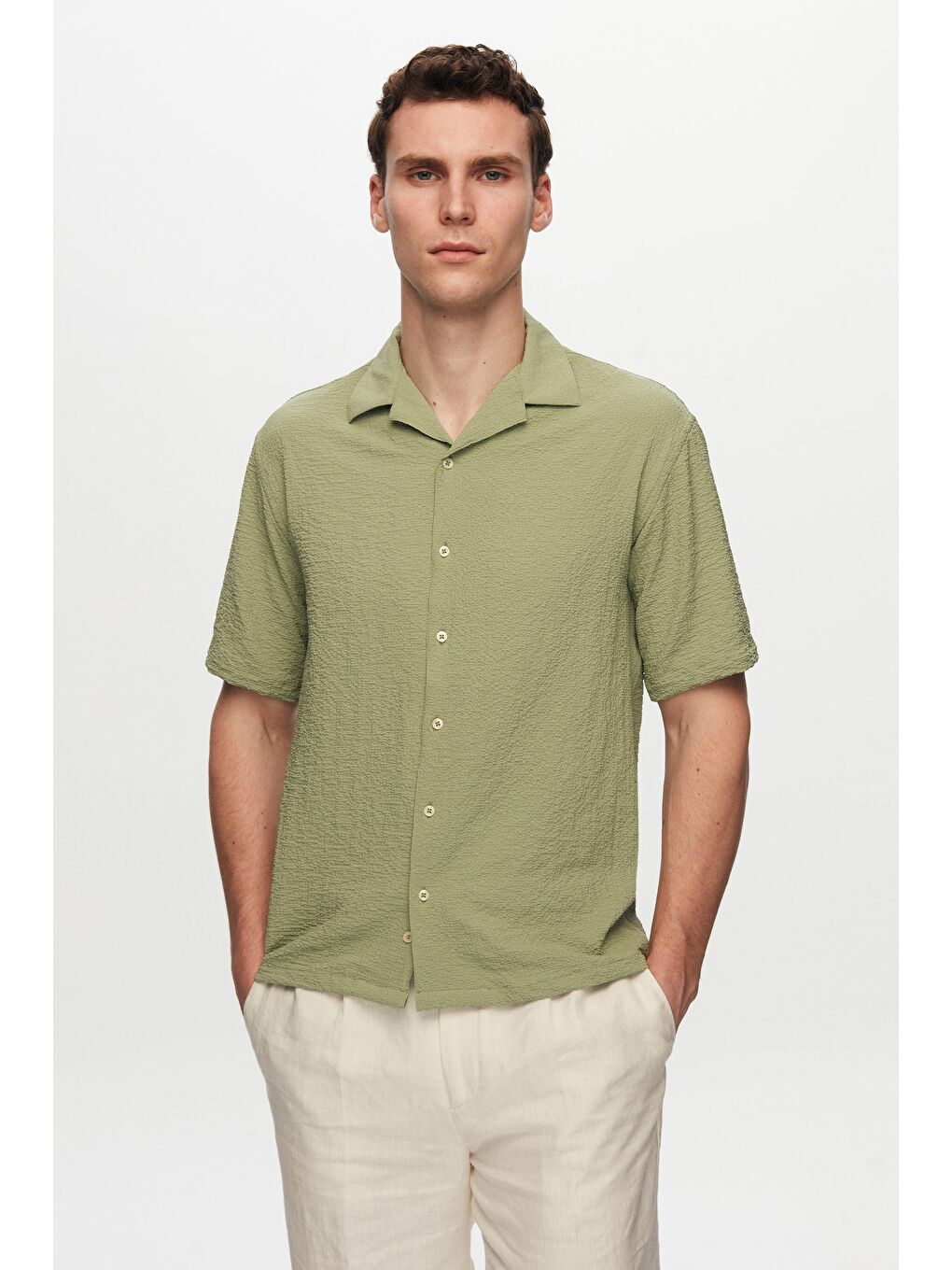 Relaxed Yeşil Gofre Kısa Kollu Kırışmaz Gömlek
