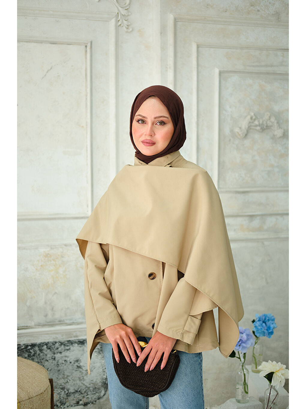 Kadın Şal Detay Kısa Trenç Bej-2