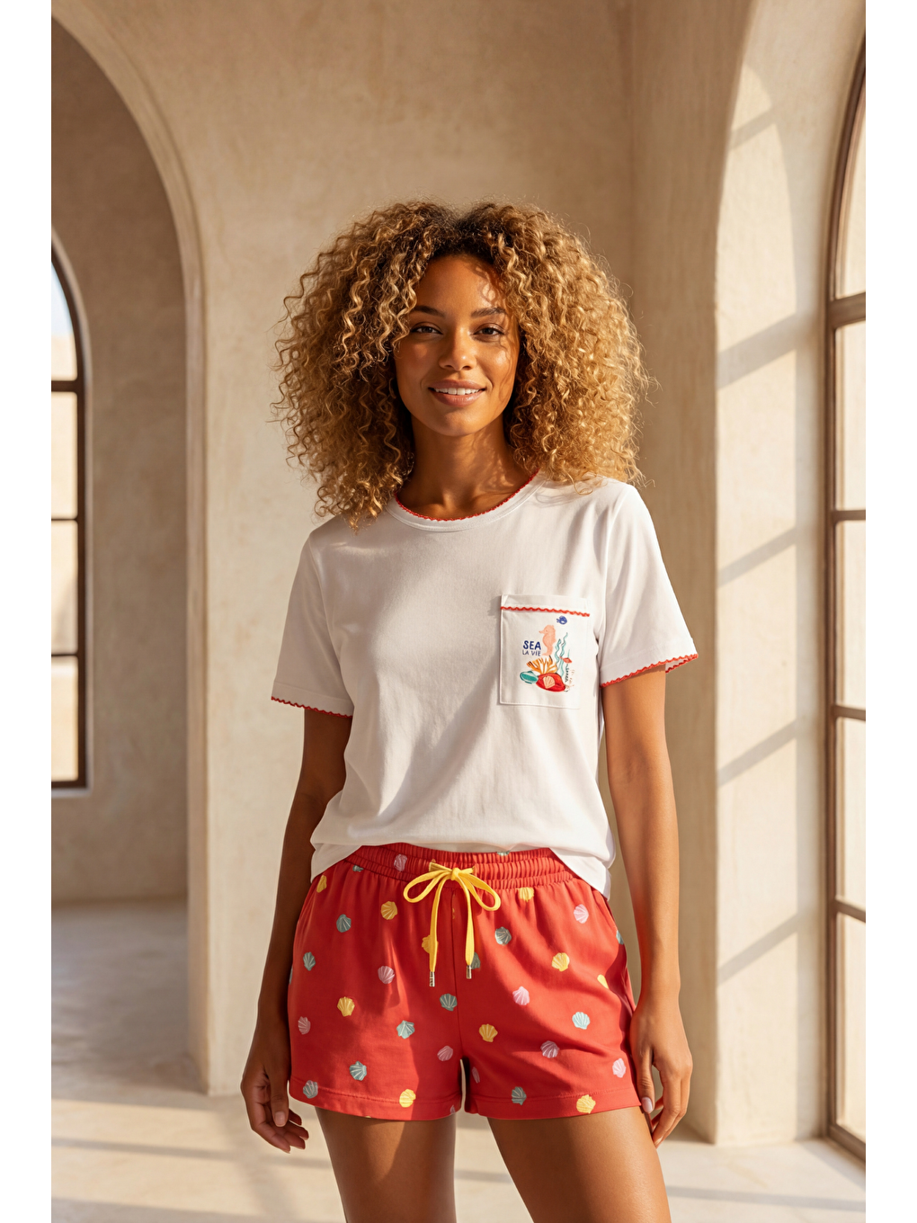Beyaz Kadın Sea La Vie Denizaltı Baskılı Şortlu Pijama Takımı-1