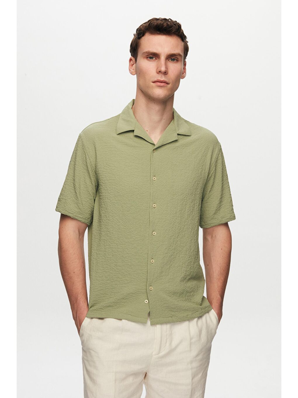 Relaxed Yeşil Gofre Kısa Kollu Kırışmaz Gömlek-2